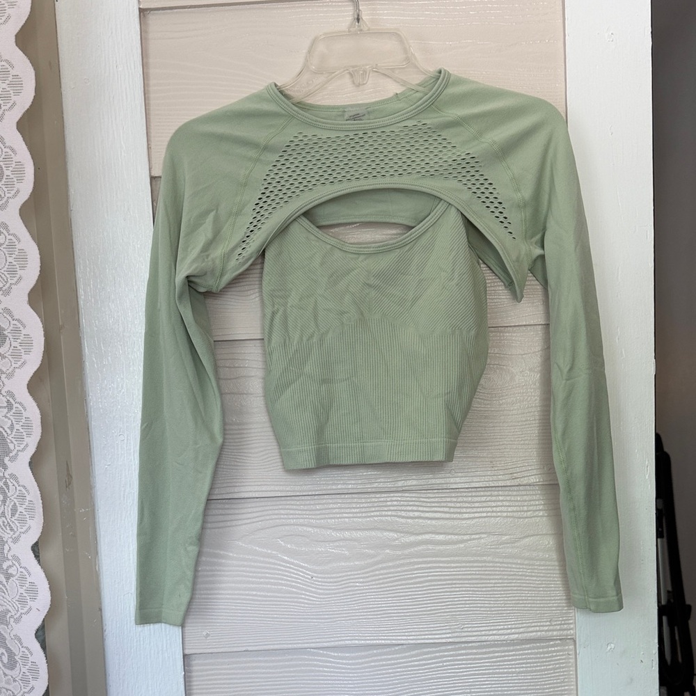 Women's Sage Green Long Sleeve 2 piece Layered Crop Top
